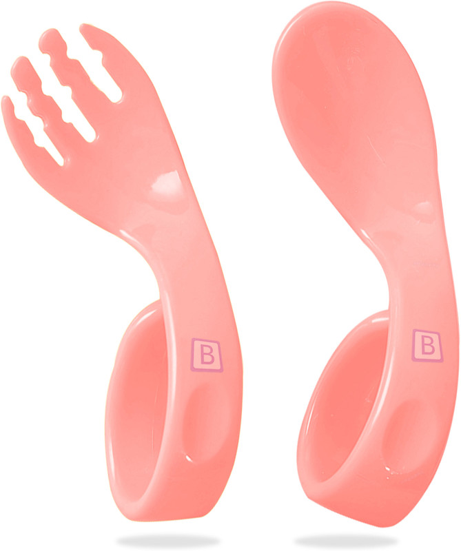 Bembika Baby Training Spoon Curved Spoon, Baby Spoon and Fork Set - (Coral). - Plastic(Coral)