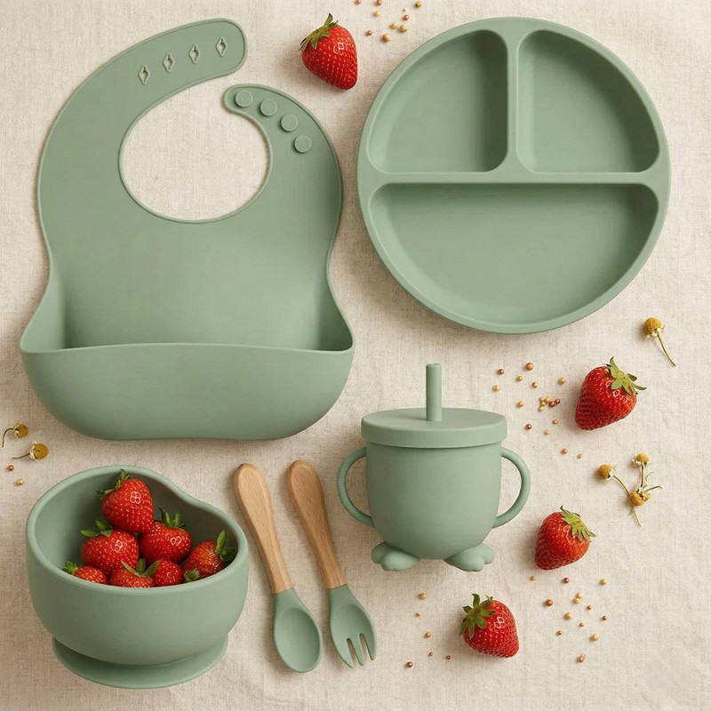 HazelSphere 6Pcs Baby Feeding Set Silicone Plate Bowl Bib Cup Spoon Fork BPA Free  - Silicon, Wood(Green)