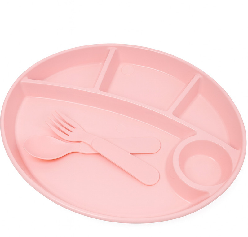 BIZENTA Kids Divided Plate with Spoon & Fork | 4 Compartments  - Plastic(Pink)