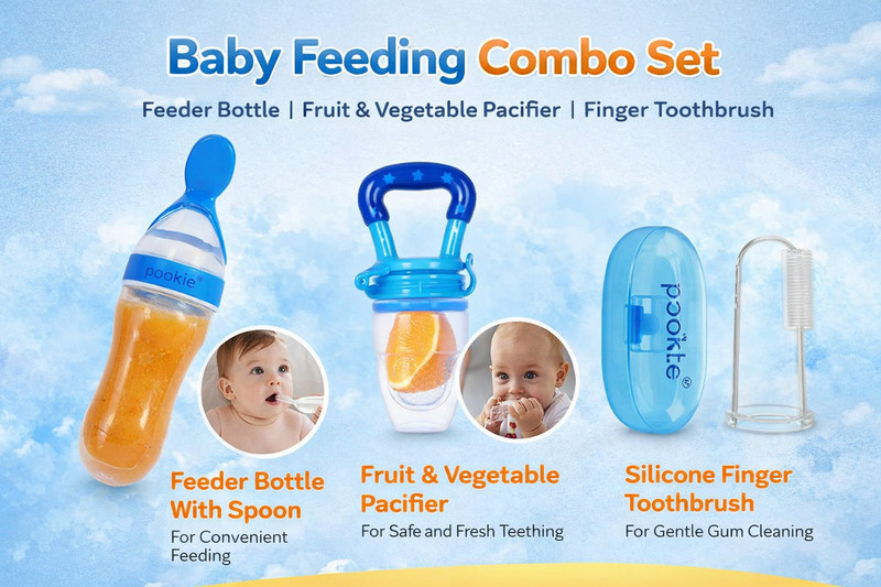 POOKIE Baby Feeding Combo – Feeder Bottle , Fruit Nibbler, Finger Toothbrush - Silicon and BPA Free(BLUE & WHITE)