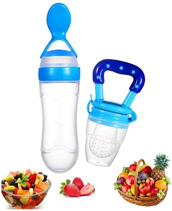 HS MART. Feeding Utensil's Baby Spoon Feeder And Fruit Feeder Combo 90ml Bottle - SILICONE(Blue, Yellow, Green)