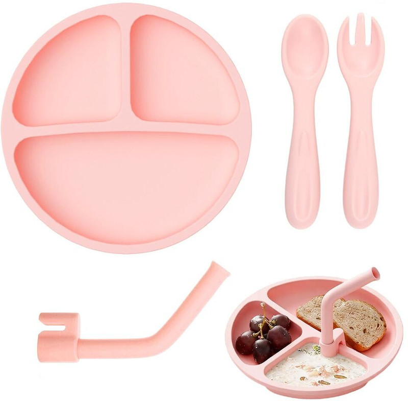 gustave Silicone baby feeding set with suction plate spoon fork and straw for toddlers  - Silicone(Pink)