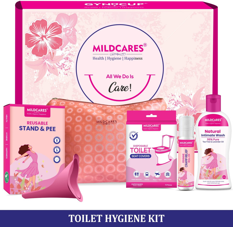 Mildcares Stand and Pee With Toilet Seat Cover, Cramp Relief, Intimate Wash & Pouch (kit) Reusable Female Urination Device(Pink, Pack of 4)