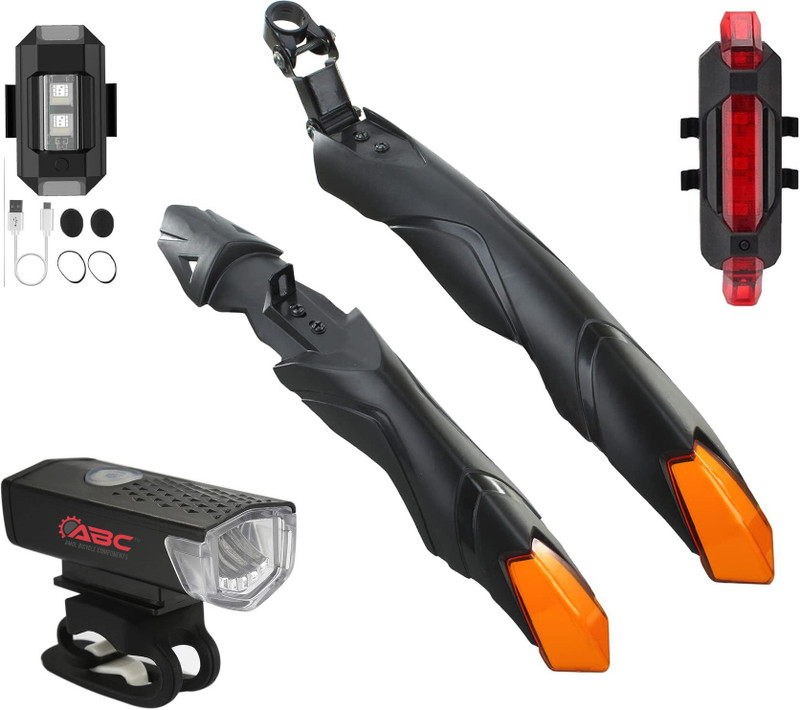 ABC AMOL BICYCLE COMPONENTS Bicycle Front & Rear Mudguard With Premium Cycle Front Rear & Helmet Light Full Length Front & Rear Fender(Orange, Black)