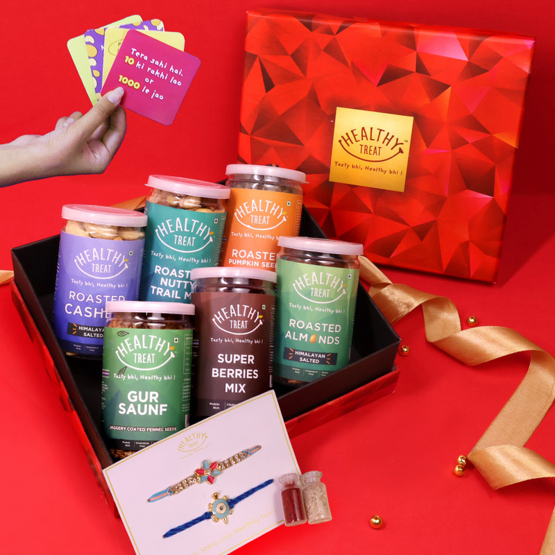 Healthy Treat Royal Rakhi Gift Hamper | Rakhi Pair, Roli Chawal, & Cards | Roasted Dry-Fruits Assorted Gift Box(Red)