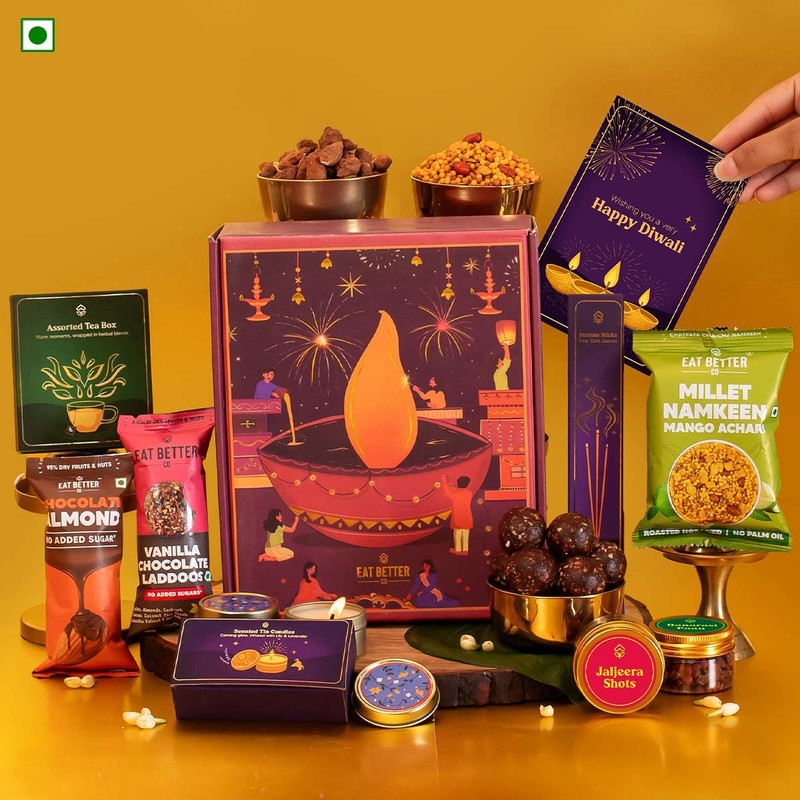 EAT BETTER CO Utsav 10-Item Diwali Gift Hamper - Sweets, Candles & More - Assorted Gift Box(Multicolor)