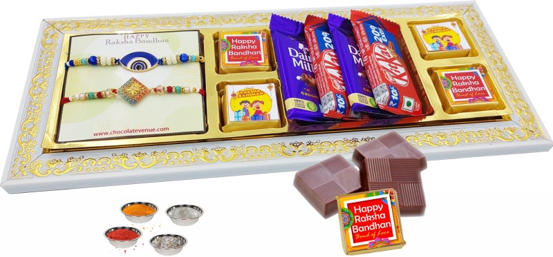 FabBites Evil Eye Rakhi for Brother and Bhabhi with Chocolate|Rakhi Gift Pack for Brother Wooden Gift Box(White)