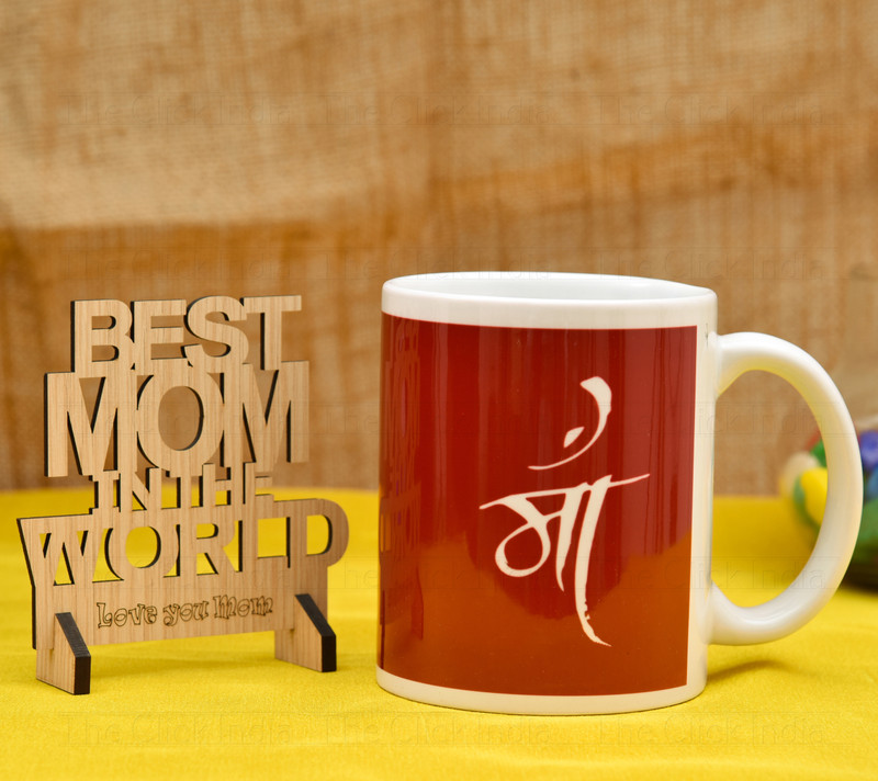 THE CLICK INDIA Maa Printed Mother's Day With Wooden Showpiece Gift For Mom/Mummy/Maa Ceramic Coffee Mug(325 ml, Pack of 2)
