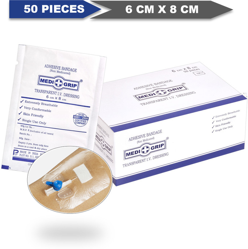 Medigrip Transparent I.V. Cannula Fixator Dressing 6 cm x 8 cm (50 Pieces) (With Pad) Films Medical Dressing(Pack of 50)