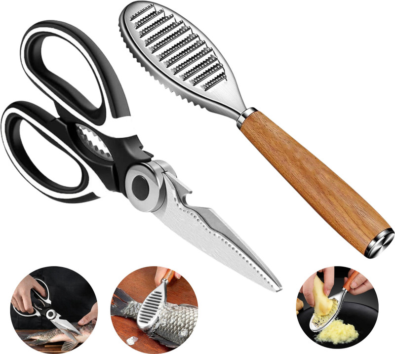 E street Fish Scale Remover,Steel Fish Scraper & All in One Scissor - Fish Cleaning Tools Fish Scaler(Pack of 2)