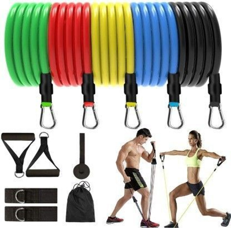 Shopeleven Workout Fitness Band Exerciser Full Body Toning Stretching Pull Rope Fitness Band(Multicolor, Pack of 11)