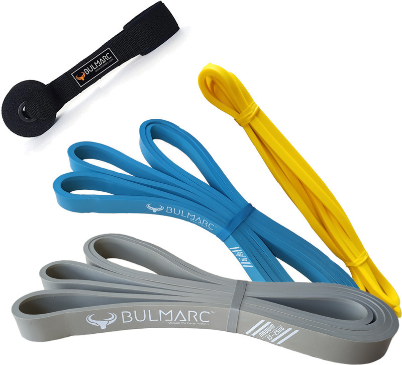 Bulmarc Set of 3 Resistance Bands – X-Light, Light, Medium with Door Anchor Resistance Band(Yellow, Blue, Grey, Black, Pack of 4)
