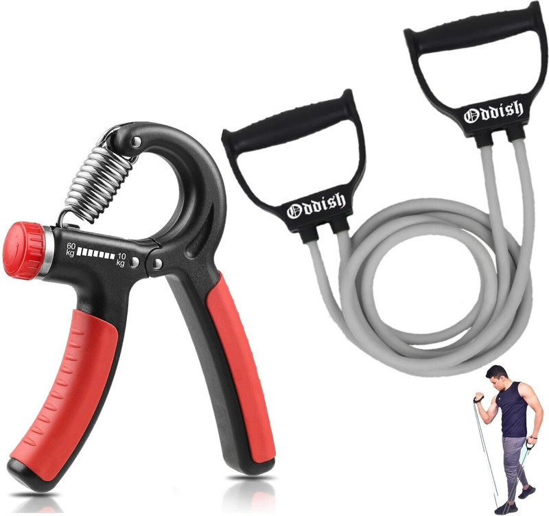 Oddish Adjustable Hand Gripper 10–60 kg & Resistance Tube Combo for Home Workout Hand Grip/Fitness Grip(Black, Grey, Orange)