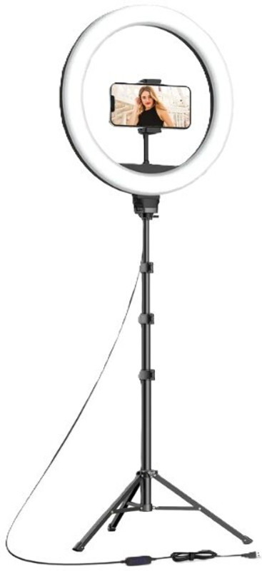Kratos 10 Inch Ring Light with Stand, 7 Feet Tripod with Ring Light, 3 Lighting Modes Ring Flash(White, Black)