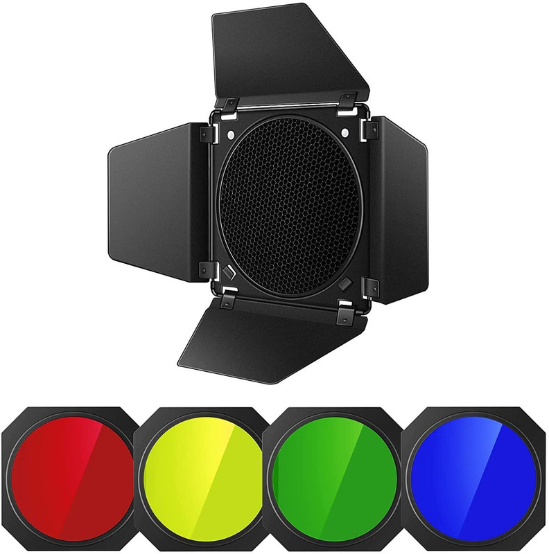 VTS Universal Barndoor Kit with Honeycomb Grid (45 Degree) and 4 Color Gels Halogen Flash(Multicolor)