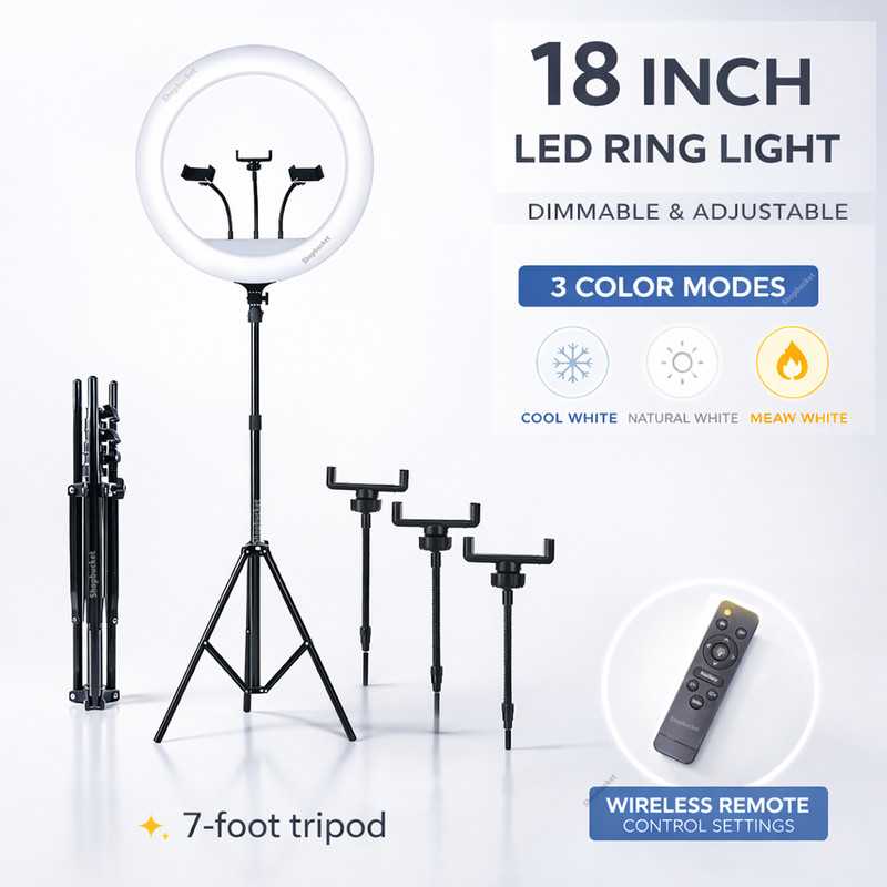 SB 18 Inch LED Ring Light 7 Ft Metal Stand with Remote 3 Color Mode Ring Flash(White)