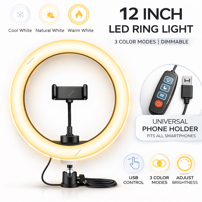 Tekzy 18 Inch LED Ring Light 3 Holder 3 Mode for Makeup Video Recording Ring Flash(White)