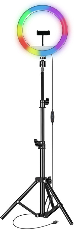 PKST 10" Selfie LED Light, Phn Holder, 7Ft Long Stand,360'5m long collar mic-kit Ring Flash(Golden, White)