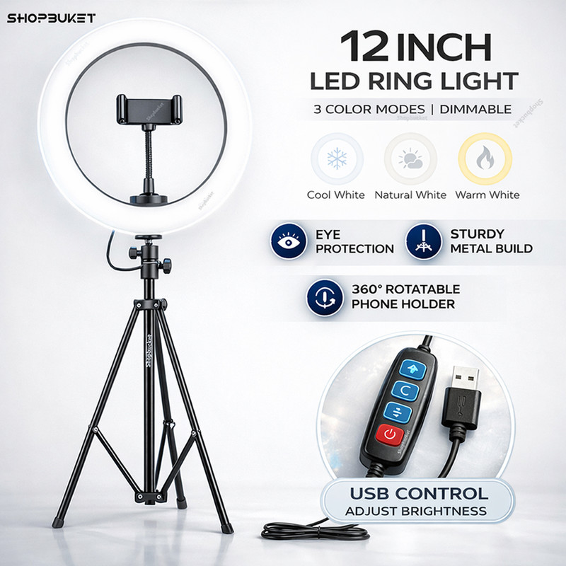 shopbucket 12 Inch Ring Light with 7 Ft Tripod 3 Mode for YouTube Recording Ring Flash(White)