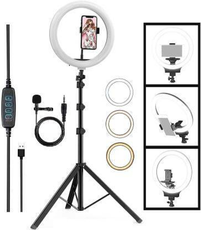 ZOPHORUS Selfie LED Ring Light, Phn Holder, 7Ft Long Stand,360'5m long collar mic-kit Ring Flash(Black)