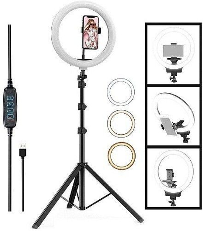 PKST 10" Selfie LED Ring Light, Phone Holder, 7 Feet Long Stand, 360 Degree Kit Ring Flash(Golden, White)