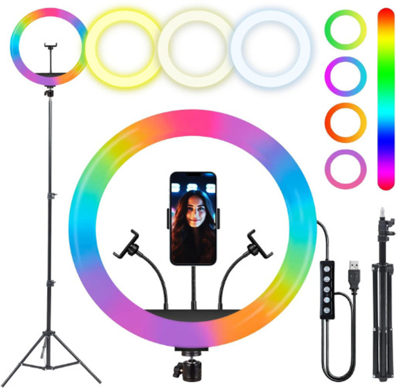 SHUDAUSHI Ringlight with Tripod - RGB 10" Inches LED Ring Light With Stand Tripod Ball Head, Tripod Kit(BLACK & WHITE, Supports Up to 2000 g)
