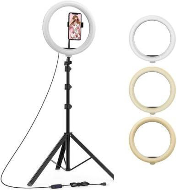 NEELTREDE Premium 10" Selfie Light with 6.9ft Tripod with Collar Mic Flash (Black) Ring Flash(Black)