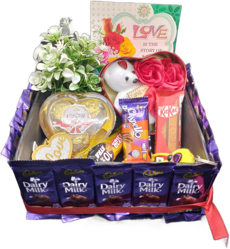 Bscreation Perfect Valentine Gift Hamper Bouquet For Your Love Combo(Dairy Milk - 15, Kitkat-1, Crispello- 1, Love Card-1, Flower Pot-1, Heart Box - 1, key chain -1)