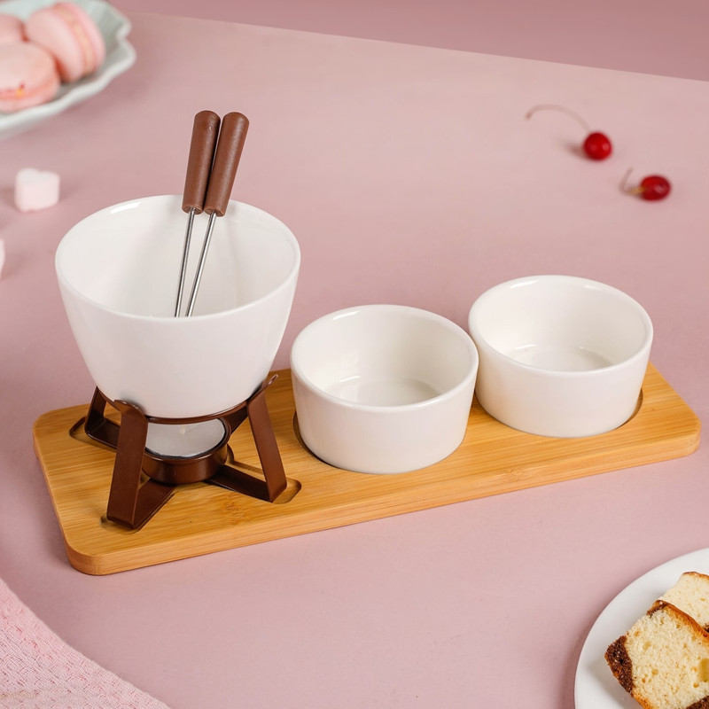 Nestasia Ceramic Chocolate Fondue Set With Two Bowls And Tray Ceramic Fondue Set(White)