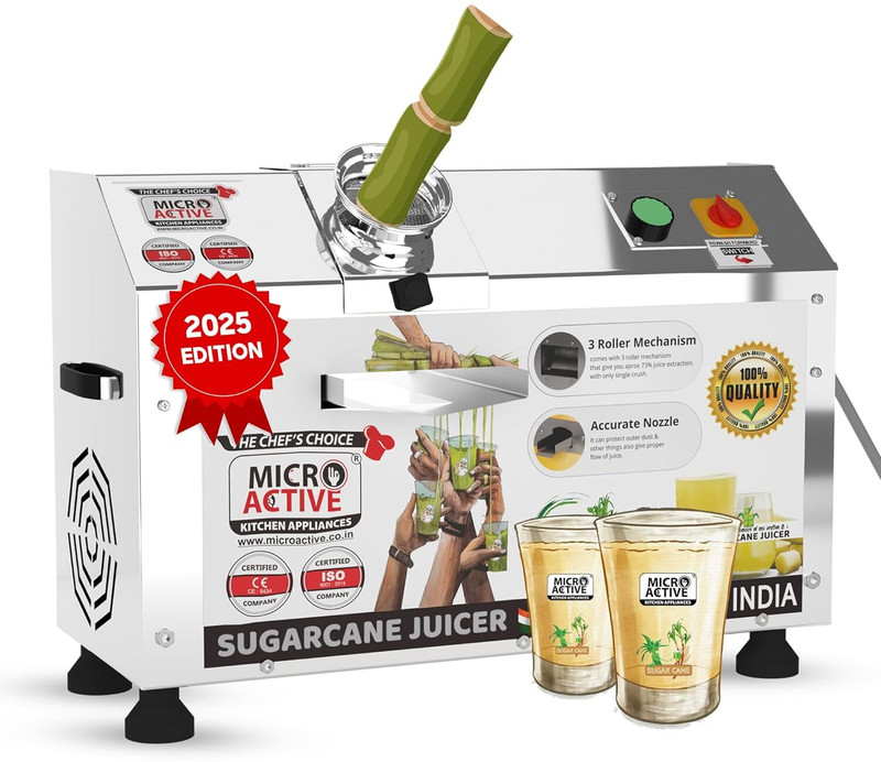 MICROACTIVE Horizontal Sugarcane Juicer Machine | 1.5HP Motor 1100W Full SS Body 304 Rollers 1000 W Food Processor(Silver)
