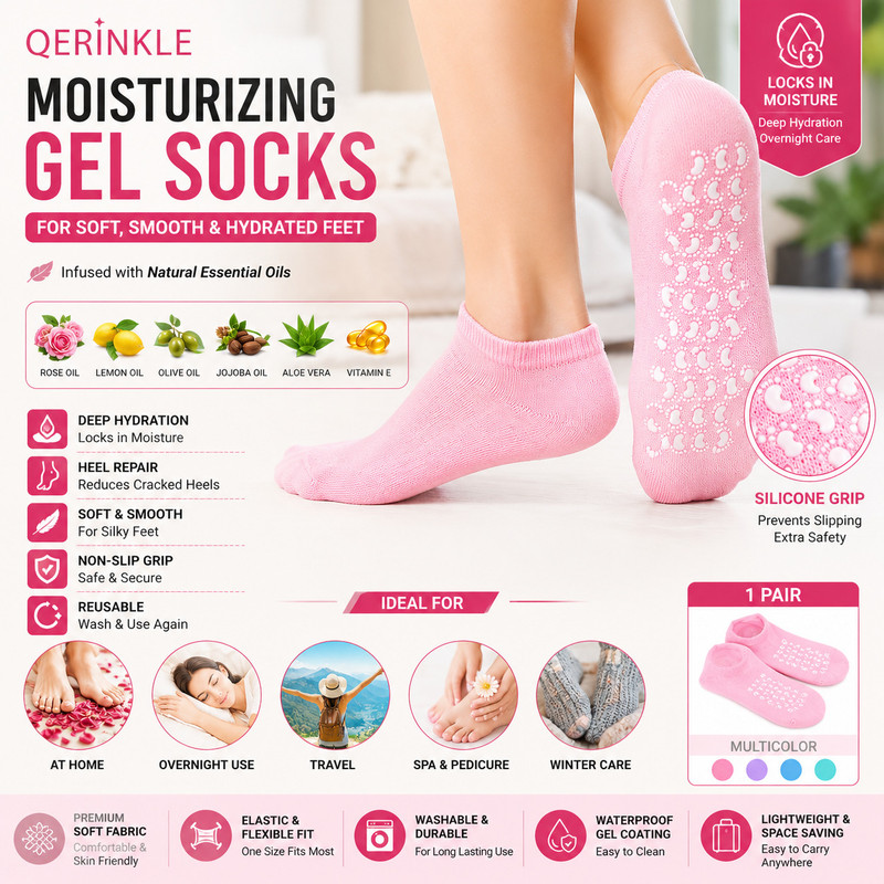 QERINKLE Moisturizing Gel Socks with Vitamin E, Silicone, Rose Oil, Olive Oil, Jojoba Seed Oil, Aloe Vera, Pack of 1(Free Size, Moisturizing Silicone 1 Pair Spa Gel Socks for Women & Men Crack Heel Repair Socks with Natural Oil & Vitamin E for Dry Cracked Feet)