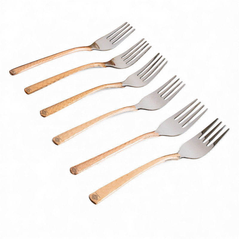 IndianArtVilla Steel Copper Baby Fork Hammered Design, Length - 6.2 Inch Set of 6 Pcs Copper Serving Fork Set(Pack of 6)