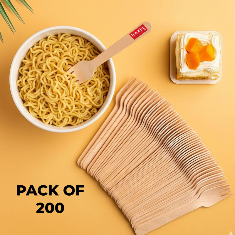 HAZEL Disposable Fork 16 CM, Forks for Parties & Catering, Pack of 200 Disposable Wooden Serving Fork Set(Pack of 200)