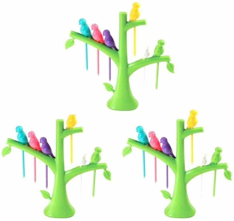 JUKOL Bird Fruit Fork Set with Tree Stand | Reusable Snack Picks (3 Stands) Disposable Plastic Fruit Fork Set(Pack of 3)