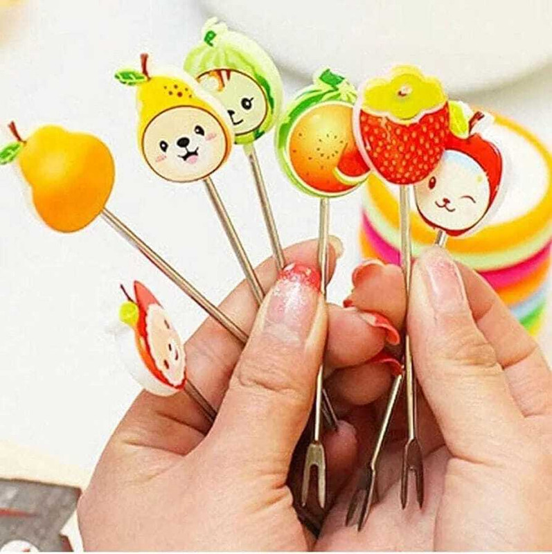 NAVBORN Cartoon Shape Fruit Forks Set for Kids With Color Rings Stand Stainless Steel Serving Fork