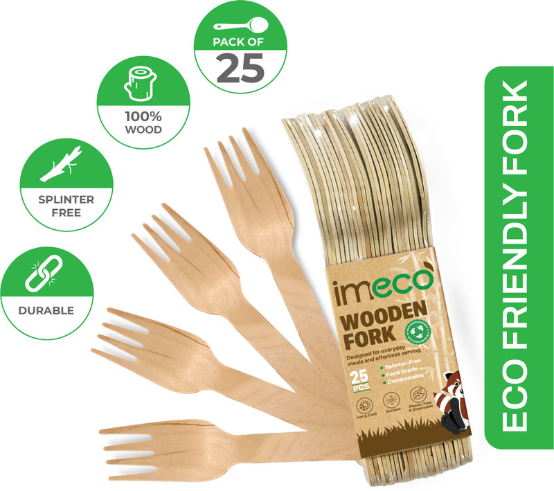 IMECO 160mm Wooden Disposable Fork | Food-Grade, Splinter-Free, Biodegradable | Disposable Wooden Fruit Fork Set(Pack of 25)