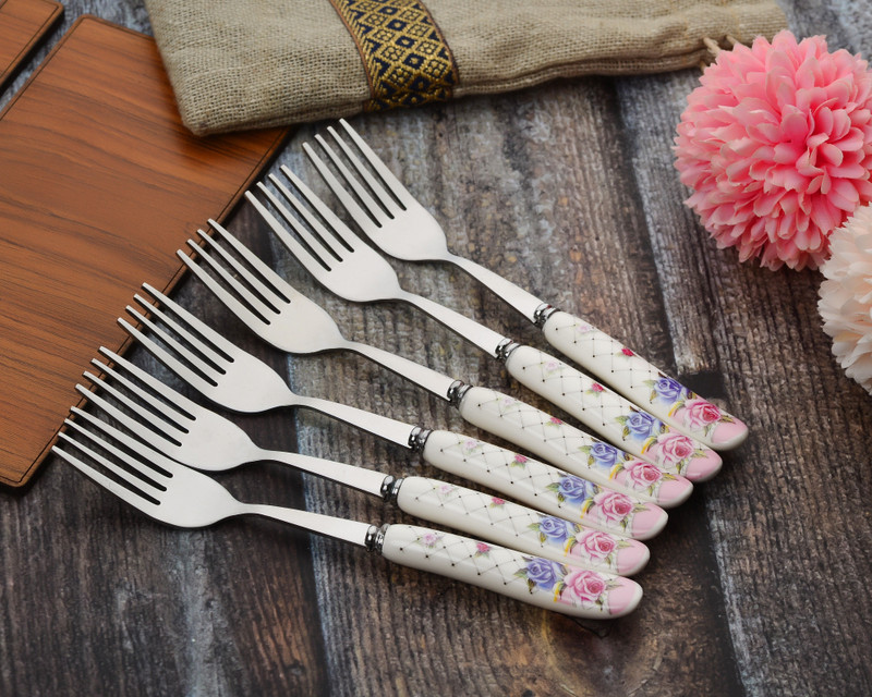 MGeezz Stainless Steel Forks Spoons Set Kitchen Cutlery Dinner Noodles Fork with Ceramic Handle Stainless Steel Dessert Spoon, Salad Spoon Set Stainless Steel Serving Fork Set(Pack of 6)
