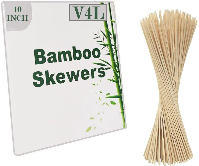 V4L 10-Inch Natural Bamboo Sticks - Durable Skewers for Barbeque Disposable Wooden Serving Fork Set(Pack of 100)
