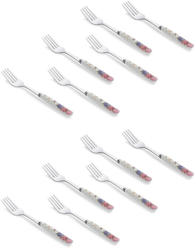 MGeezz Floral Stainless Big Fork 12 Spoons Set of Ceramic Handle Kata Chamach Stainless Steel, Ceramic Serving Fork Set(Pack of 12)
