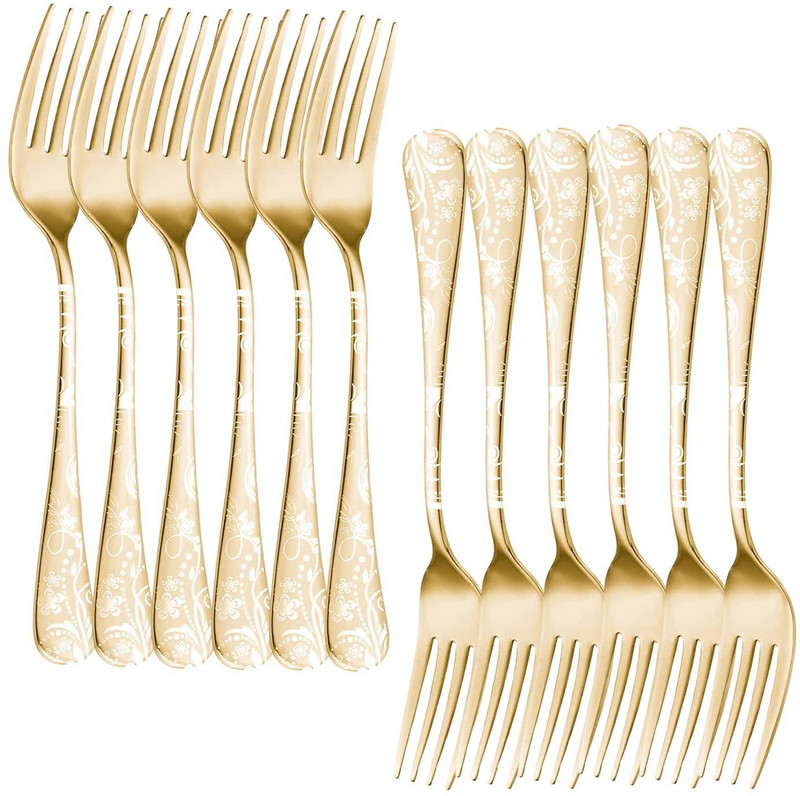 OpulenceWare Modern Gothic Floral Utility Fork – 6.8" Sleek Flatware Small Desert Fork (Gold) Stainless Steel Serving Fork Set(Pack of 12)