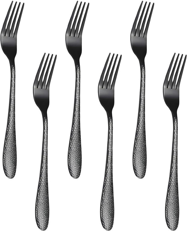 OpulenceWare Premium Matte Black Salad Fork - Stainless Steel with Hammered Handle (Black) Stainless Steel Serving Fork Set(Pack of 6)