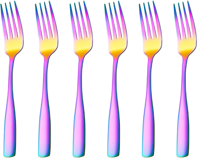 OpulenceWare Luxury Mirror Finish Dessert Fork - Fine Dining Cake Fork for Events (Rainbow) Stainless Steel Serving Fork Set(Pack of 6)