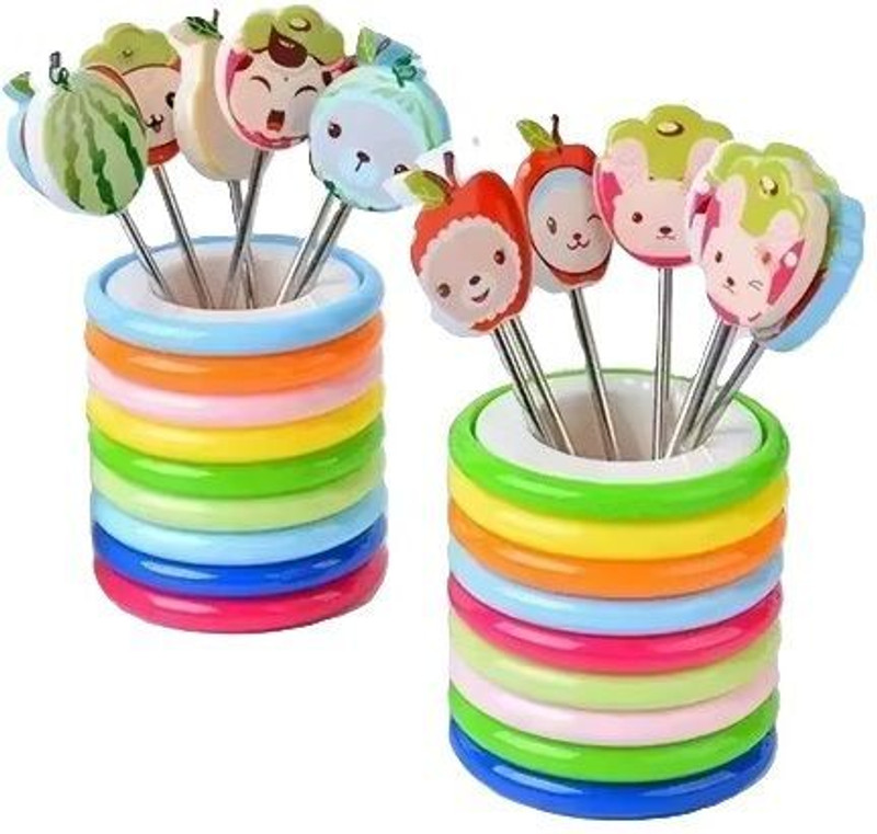 Dyzone Cartoon Fruit Fork 8 Set with Stand Stainless Steel Fruit Fork, Baby Fork, Dessert Fork, Salad Fork(Pack of 1)