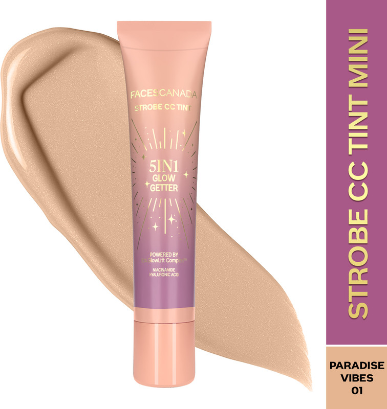 FACES CANADA Strobe CC Tint Mini | 5in1 with BB/CC Cream + Highlighter + Foundation(Paradise Vibes 01, 18 ml)