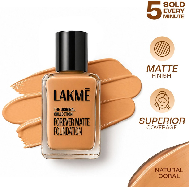 Lakmé Forever Matte , Superior Coverage, Vit E, Lightweight Foundation(Coral, 27 ml)