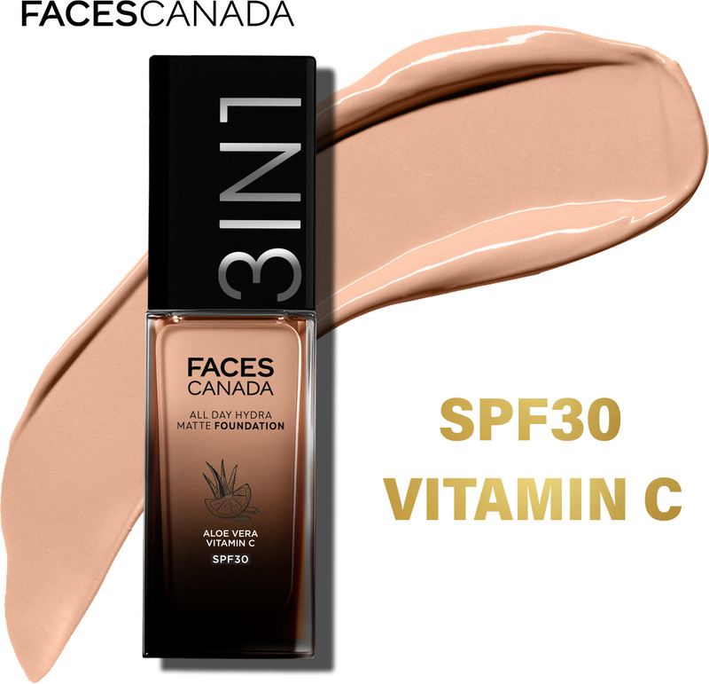 FACES CANADA All Day Hydra Matte | 3 in 1 Moisturizer + SPF 30 + Foundation(Caramel Natural 023, 30 ml)