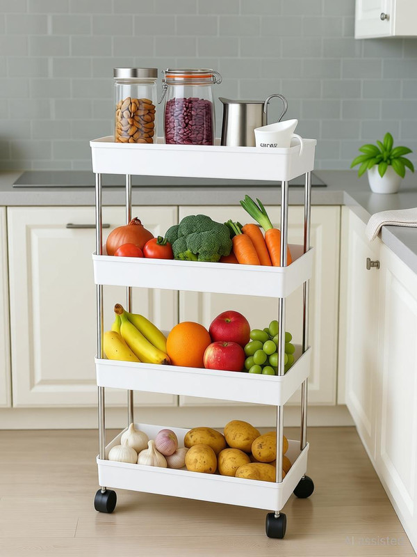 Aromix Rolling 4-Tier Storage Trolley for Kitchen, Office, Bathroom & Home Plastic Fruit & Vegetable Basket(White)
