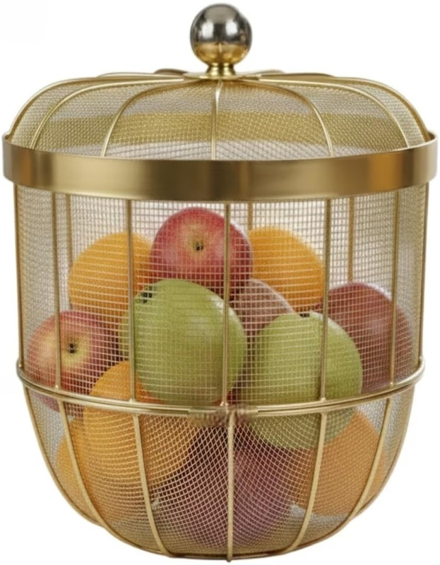 lura Premium Gold Metal Fruit Basket Protective Dome Lid 3kg Capacity Mesh Wire Bowl Iron Fruit & Vegetable Basket(Gold)