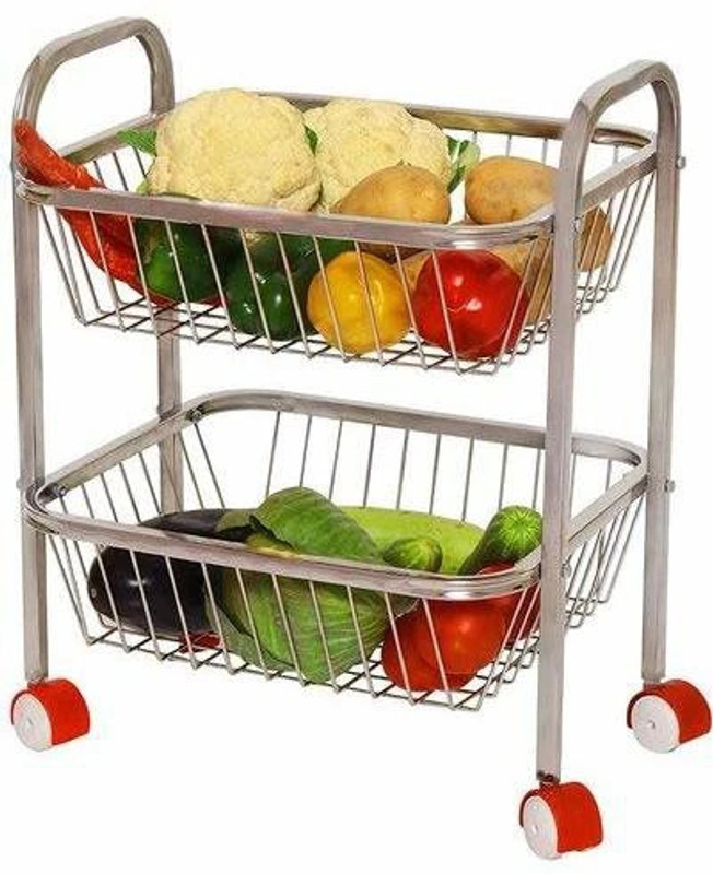 WAYMORE 2-Tier Rack Fruits & Vegetable Onion Trolley Container Basket Organizer Organiser Holder Stand for Kitchen With Wheel Stainless Steel Fruit & Vegetable Basket(Silver)