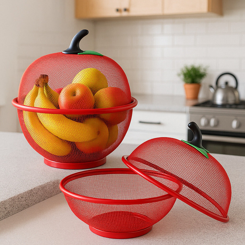 MOGADGET Fruit Basket with Lid Cover Steel Big Size for Dinning Kitchen Home Apple Shape Stainless Steel Fruit & Vegetable Basket(Red)